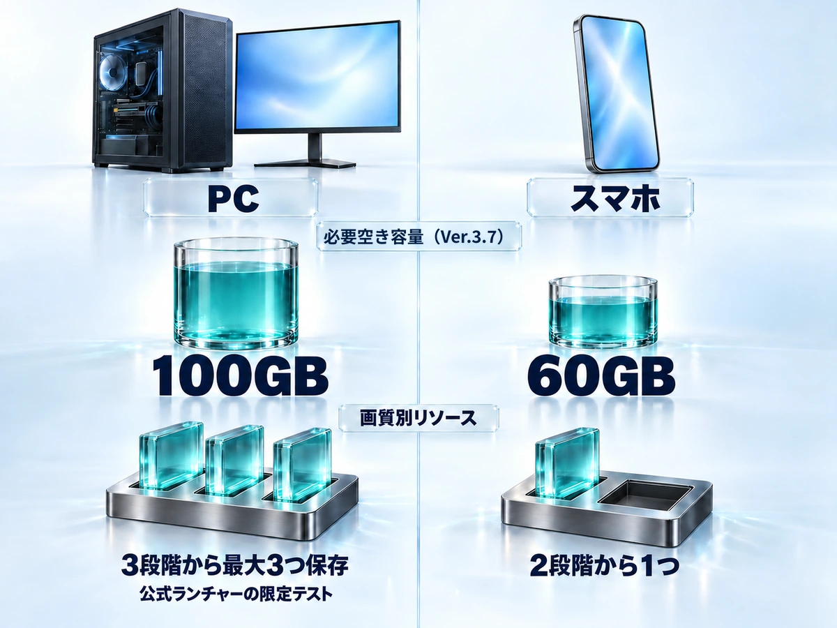 鳴潮のPC版とスマホ版の違い。Ver.3.7の必要空き容量はPC 100GB・スマホ 60GB。画質別リソースはPCが3段階から最大3つ保存(公式ランチャーの限定テスト)、スマホは2段階から1つ