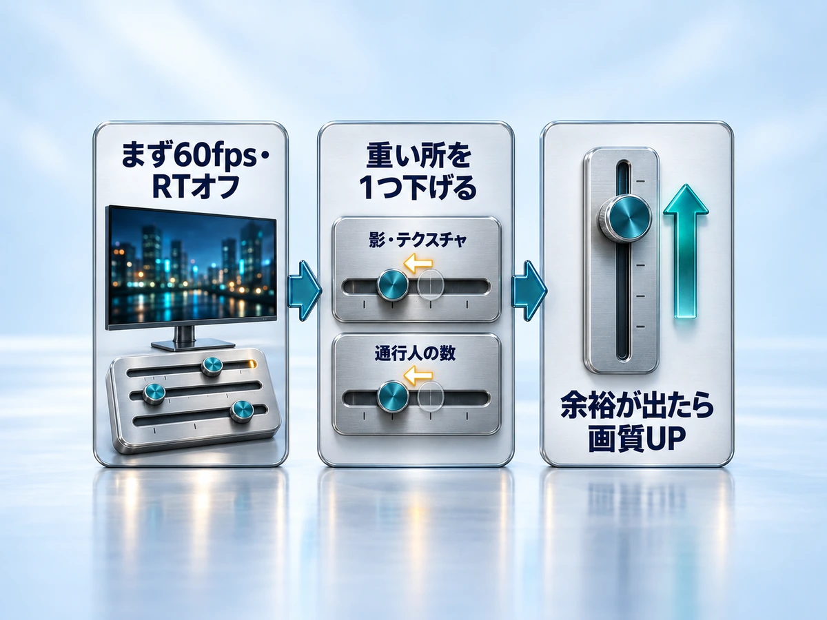 ゼンゼロのおすすめ設定を60fps・RTオフから一項目ずつ調整する流れの図