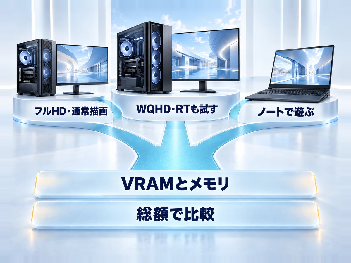 ゼンゼロ用パソコンをフルHD通常描画・WQHDでRT・ノートの3方向で選ぶ図
