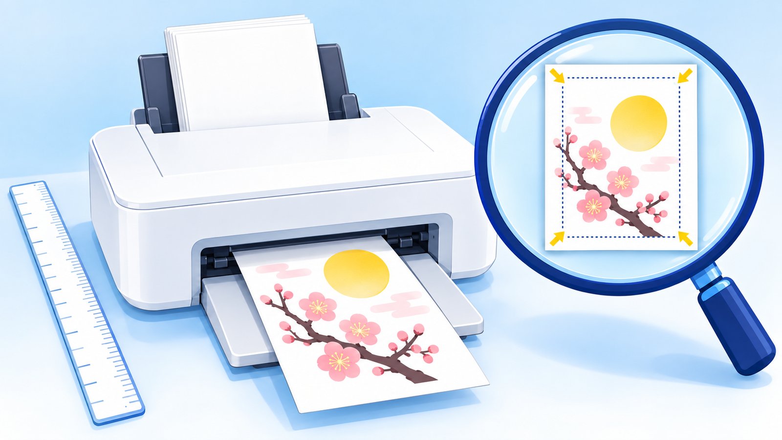 プリンターから出てくる年賀はがきと、位置のずれを虫めがねで確かめるイメージ図